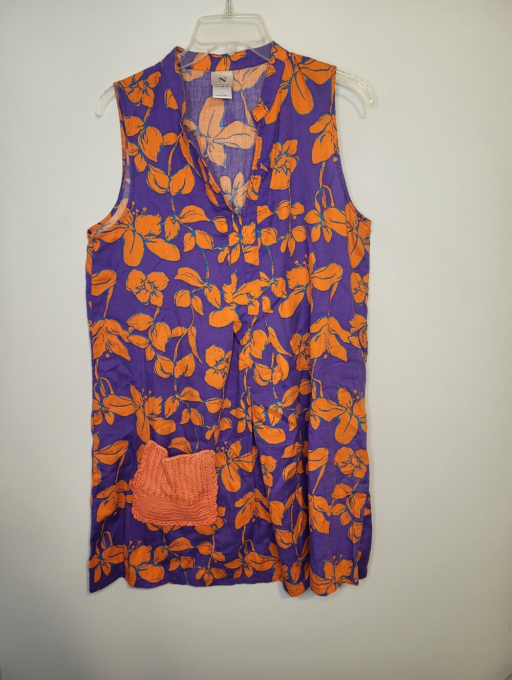 Natori Rare Purple Orange Cotton Tunic Dress L Crochet Pocket Boho Resort